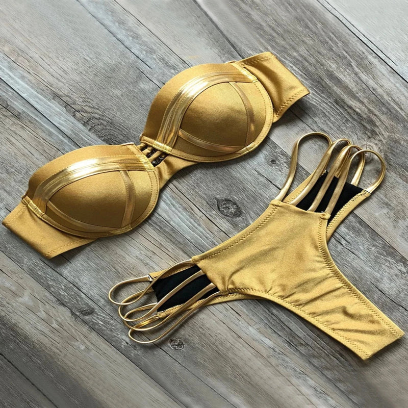 Oh Saucy Khaki / S Black Bandage Swimsuit 2023 Sexy Brazilian Bikini Push Up Swimwear Women Micro Bikinis Plus Size Beachwear Shiny Gold Beachwear