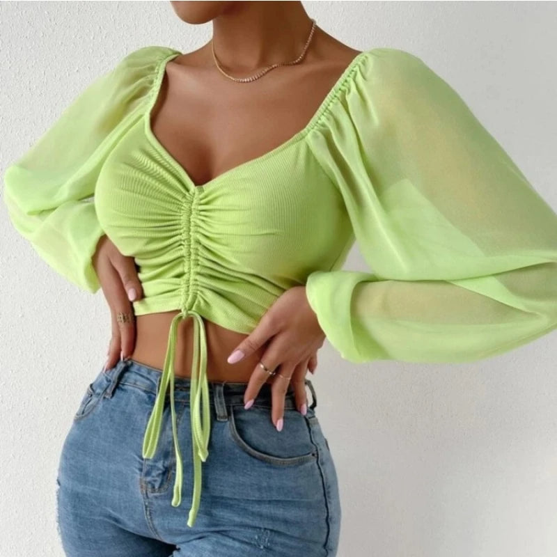 Fibobus Apparel & Accessories Crop Tops Drawstring V-Neck Lantern Sleeve