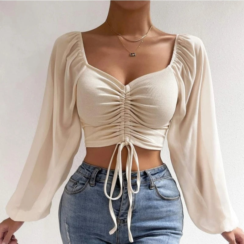 Fibobus Apparel & Accessories Crop Tops Drawstring V-Neck Lantern Sleeve