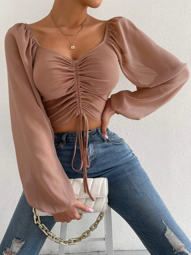Fibobus Apparel & Accessories Brown / S Crop Tops Drawstring V-Neck Lantern Sleeve