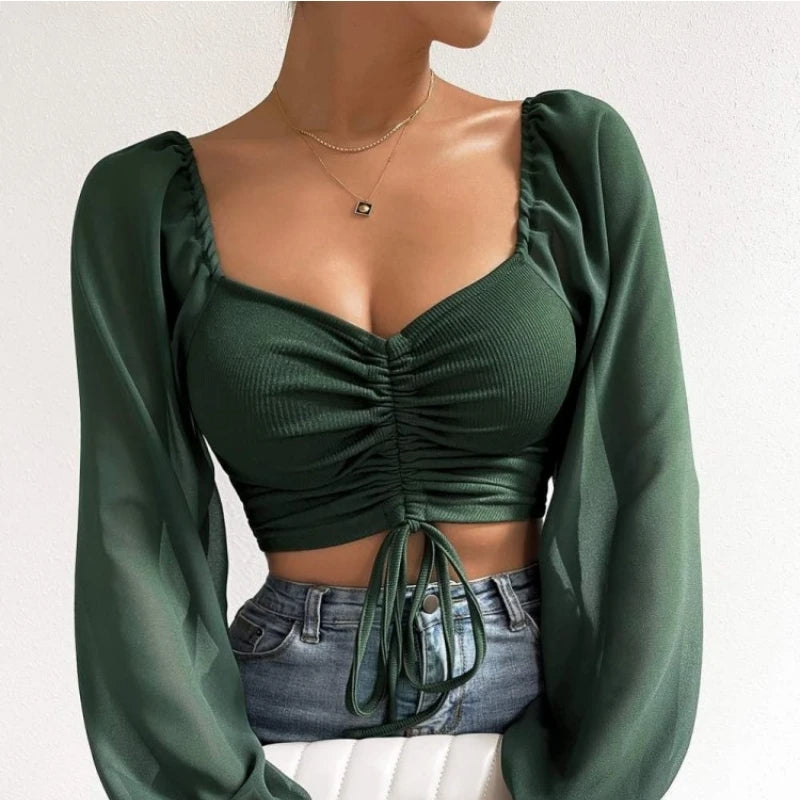 Fibobus Apparel & Accessories Green / S Crop Tops Drawstring V-Neck Lantern Sleeve