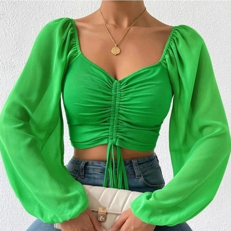 Fibobus Apparel & Accessories Light green / S Crop Tops Drawstring V-Neck Lantern Sleeve