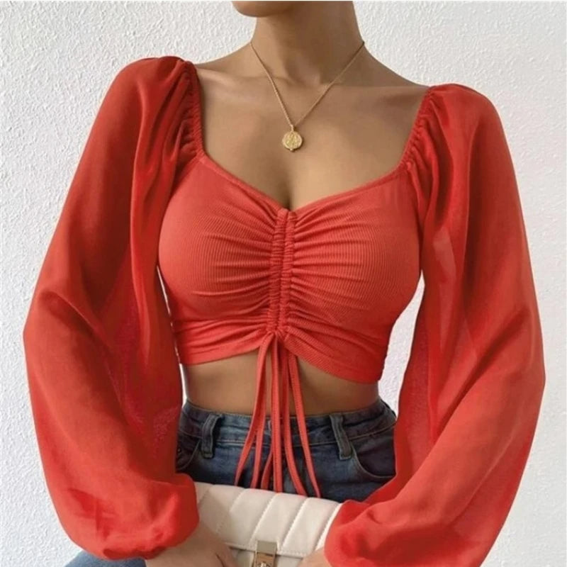 Fibobus Apparel & Accessories Red / S Crop Tops Drawstring V-Neck Lantern Sleeve