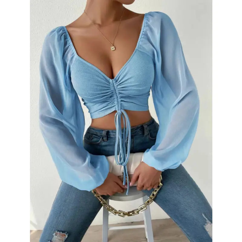 Fibobus Apparel & Accessories Sky blue / S Crop Tops Drawstring V-Neck Lantern Sleeve