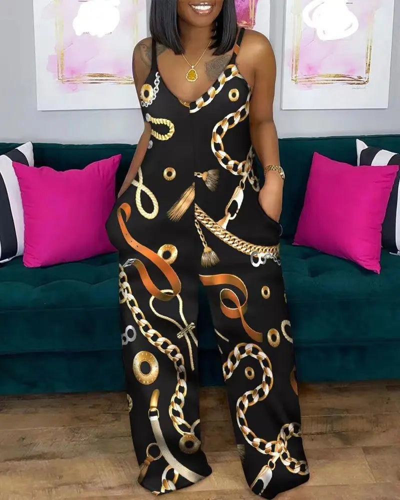 Fibobus jumpsuit BLK/ Gold Chains / S Daily Casual Rompers Sleeveless Straight Tube Jumpsuit