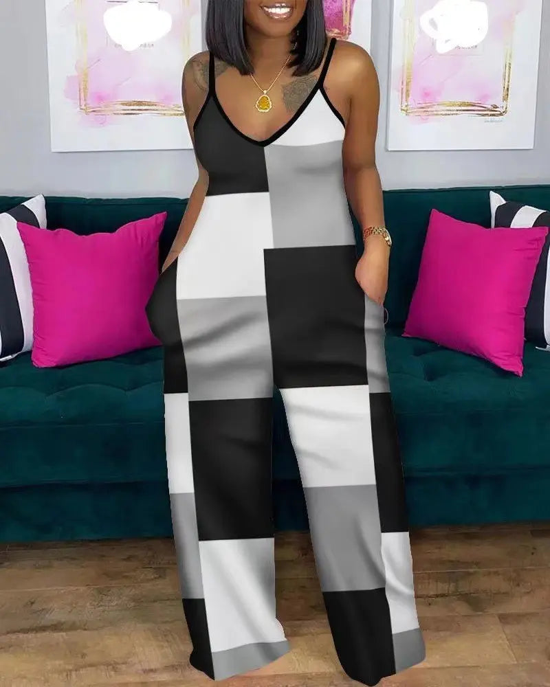 Fibobus jumpsuit Blk/Wht Squares / S Daily Casual Rompers Sleeveless Straight Tube Jumpsuit