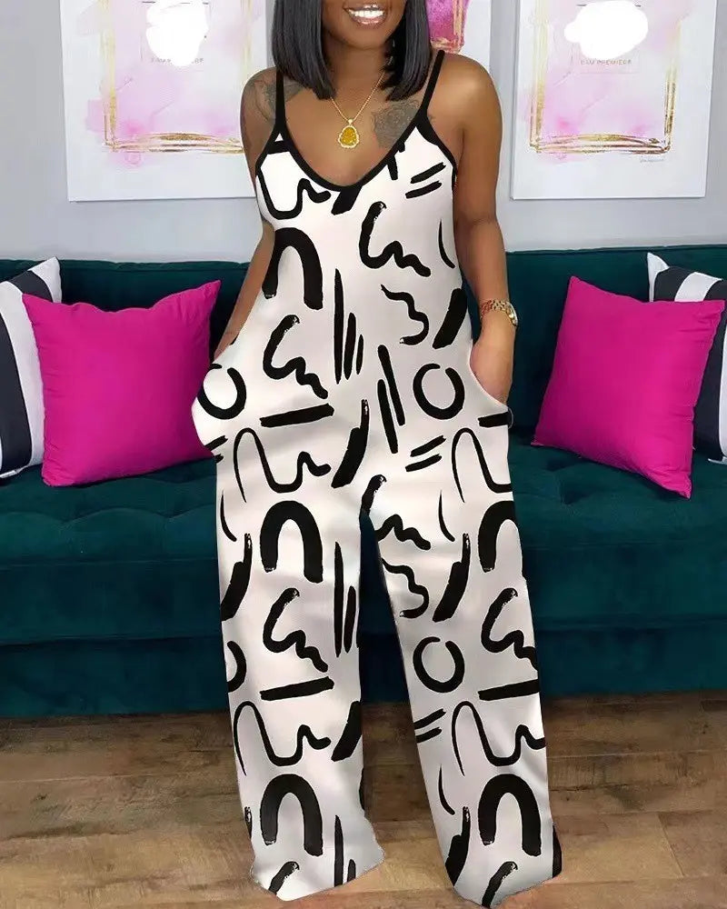 Fibobus jumpsuit WHT with pattern / S Daily Casual Rompers Sleeveless Straight Tube Jumpsuit