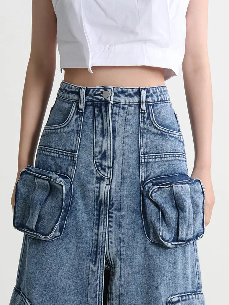 Split Denim Skirts For Women High Waist Patchwork Pocket Temperament Solid Skirt Female