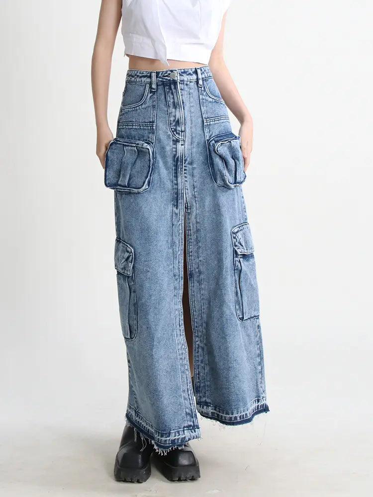 Split Denim Skirts For Women High Waist Patchwork Pocket Temperament Solid Skirt Female