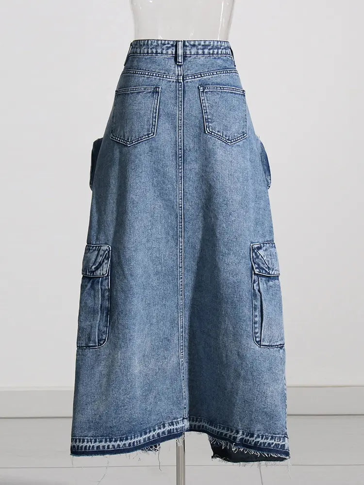 Split Denim Skirts For Women High Waist Patchwork Pocket Temperament Solid Skirt Female