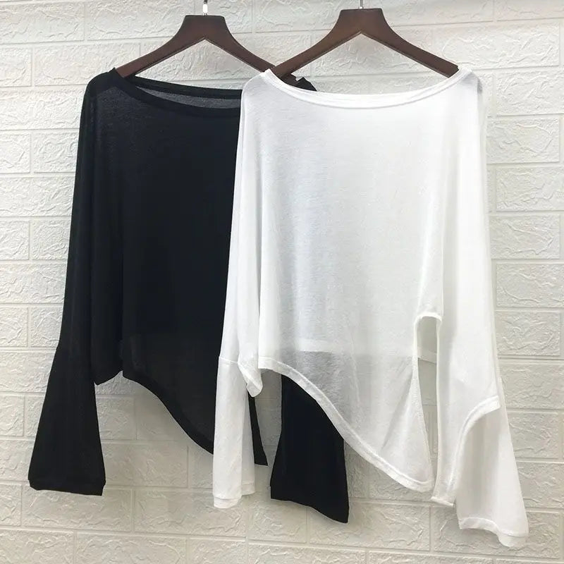 Knot Solid Sun Protection Clothing Summer Split Irregular Long Sleeve T-shirt Loose Casual Top