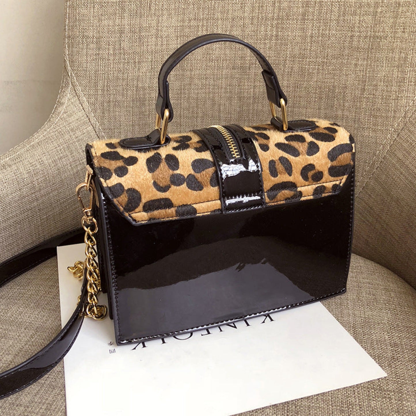 Oh Saucy Black Korean Style Leopard Print Shoulder Bag Crossbody Bags For Women With Zipper Decoration Ladies Chain Handbags