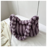 OhSaucy Bags Purple Large-capacity Striped Plush Bag Winter New Fashion Portable Tote Shoulder Bags Shopping Furry Handbags For Women
