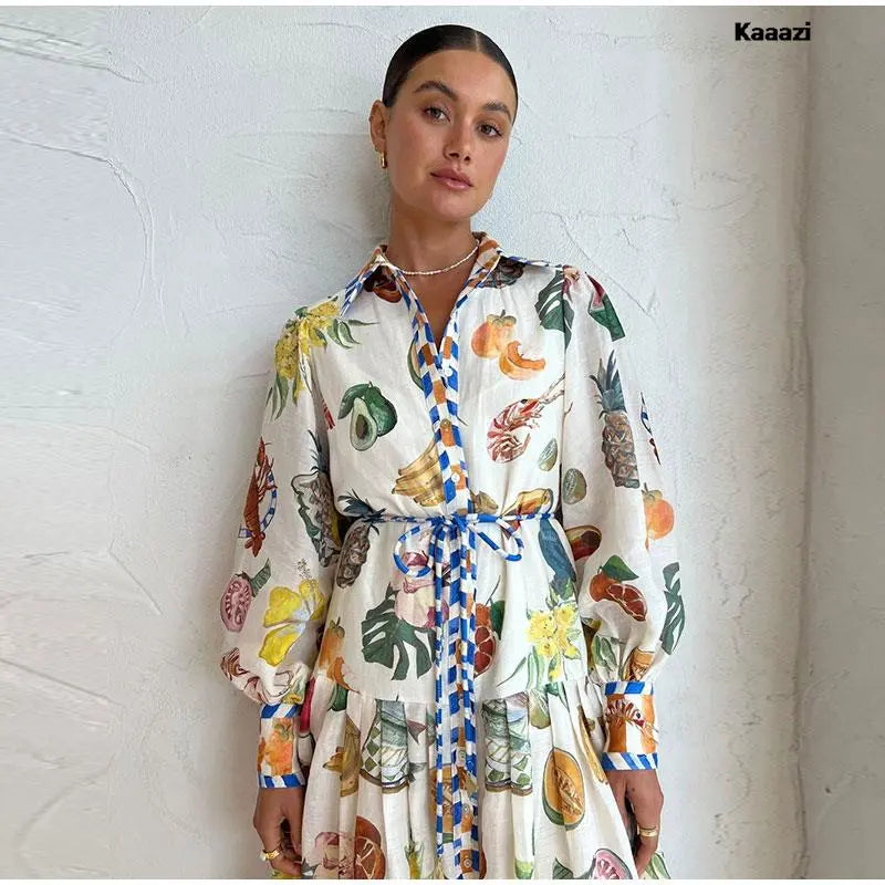 Polo Neck Printed Vintage Long Dress Princess Sleeves Lace-up Big Hem Loose Dress Vestidos Casual Fashion Women Elegant Robe