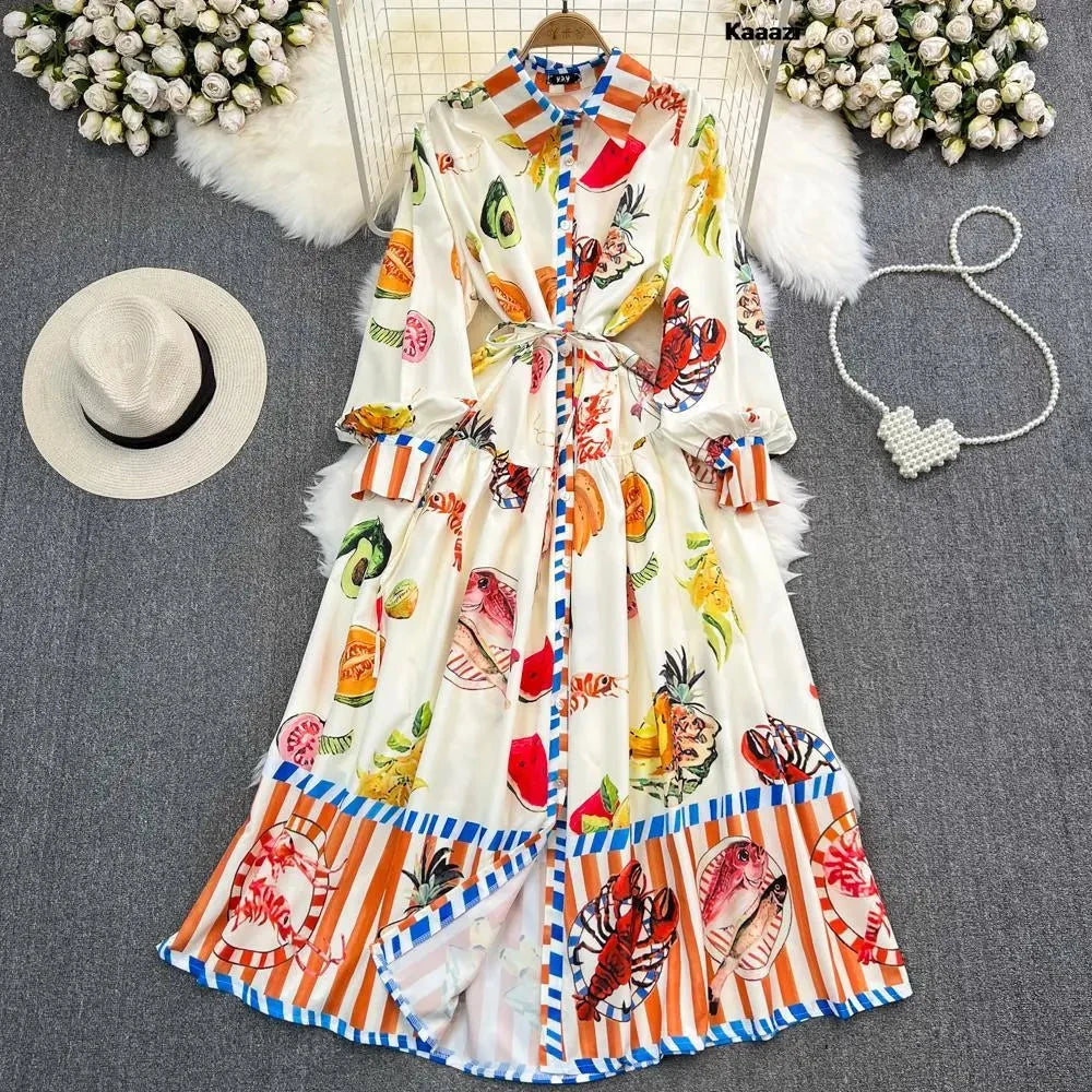 Polo Neck Printed Vintage Long Dress Princess Sleeves Lace-up Big Hem Loose Dress Vestidos Casual Fashion Women Elegant Robe