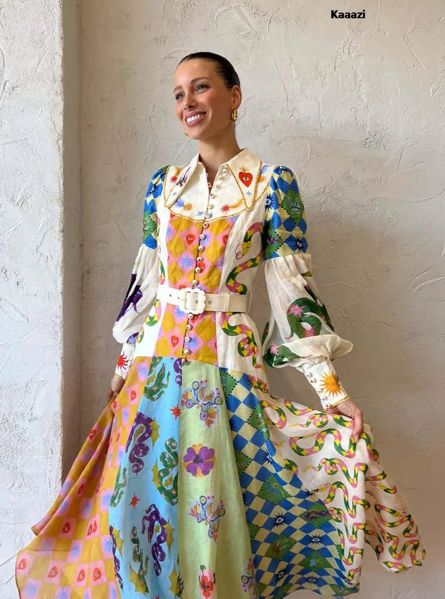 Polo Neck Printed Vintage Long Dress Princess Sleeves Lace-up Big Hem Loose Dress Vestidos Casual Fashion Women Elegant Robe