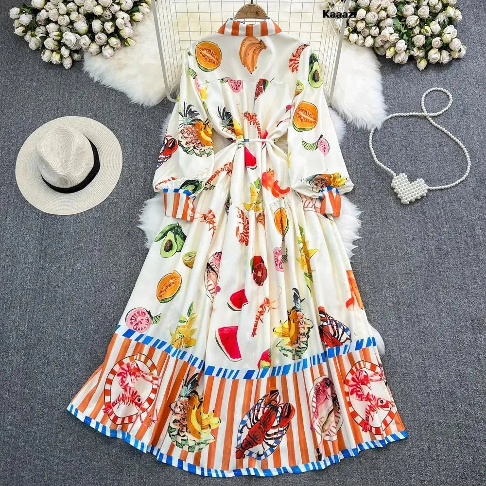 Polo Neck Printed Vintage Long Dress Princess Sleeves Lace-up Big Hem Loose Dress Vestidos Casual Fashion Women Elegant Robe