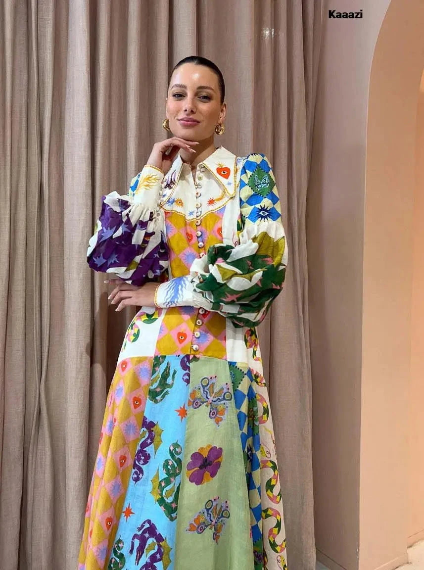 Polo Neck Printed Vintage Long Dress Princess Sleeves Lace-up Big Hem Loose Dress Vestidos Casual Fashion Women Elegant Robe