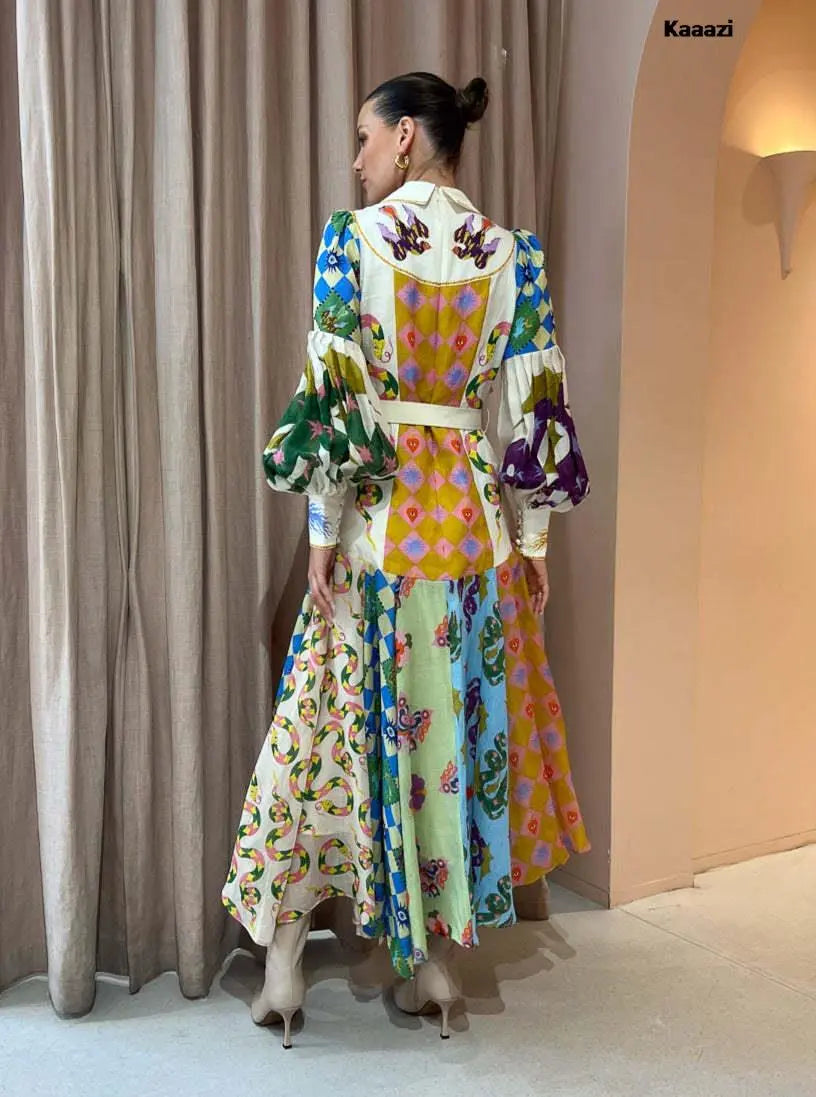 Polo Neck Printed Vintage Long Dress Princess Sleeves Lace-up Big Hem Loose Dress Vestidos Casual Fashion Women Elegant Robe