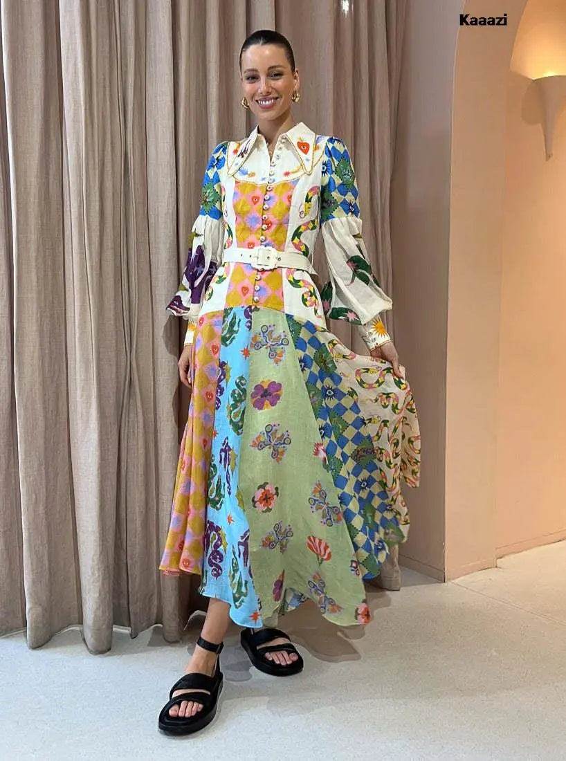 Polo Neck Printed Vintage Long Dress Princess Sleeves Lace-up Big Hem Loose Dress Vestidos Casual Fashion Women Elegant Robe