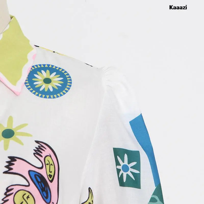 Polo Neck Printed Vintage Long Dress Princess Sleeves Lace-up Big Hem Loose Dress Vestidos Casual Fashion Women Elegant Robe