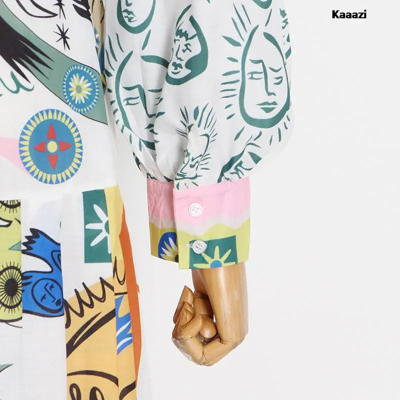 Polo Neck Printed Vintage Long Dress Princess Sleeves Lace-up Big Hem Loose Dress Vestidos Casual Fashion Women Elegant Robe