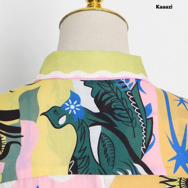 Polo Neck Printed Vintage Long Dress Princess Sleeves Lace-up Big Hem Loose Dress Vestidos Casual Fashion Women Elegant Robe