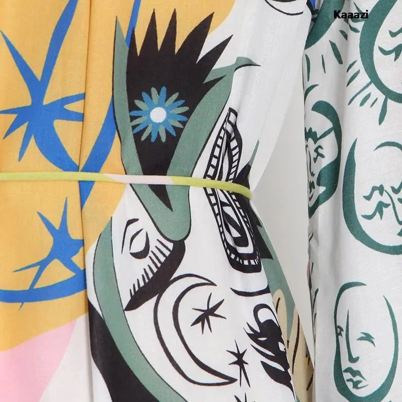 Polo Neck Printed Vintage Long Dress Princess Sleeves Lace-up Big Hem Loose Dress Vestidos Casual Fashion Women Elegant Robe