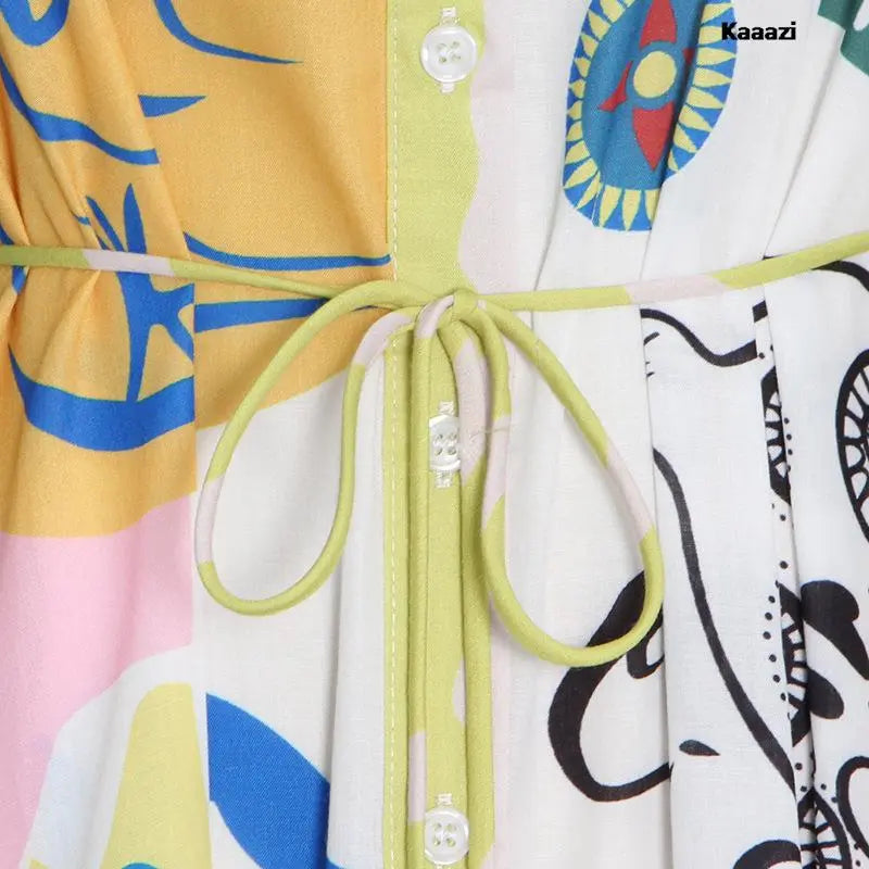 Polo Neck Printed Vintage Long Dress Princess Sleeves Lace-up Big Hem Loose Dress Vestidos Casual Fashion Women Elegant Robe