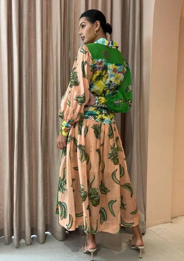 Polo Neck Printed Vintage Long Dress Princess Sleeves Lace-up Big Hem Loose Dress Vestidos Casual Fashion Women Elegant Robe