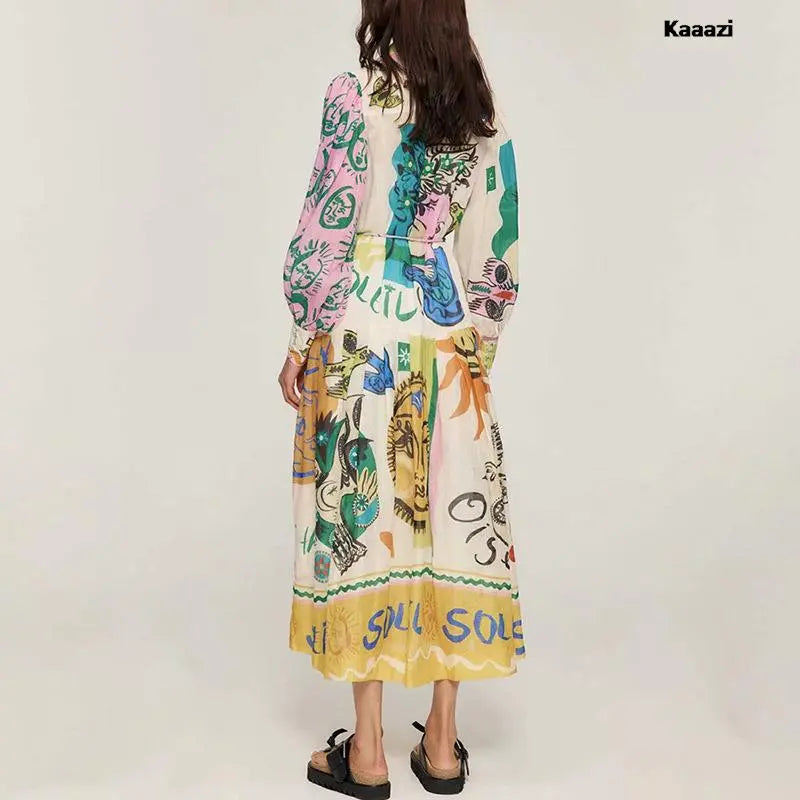 Polo Neck Printed Vintage Long Dress Princess Sleeves Lace-up Big Hem Loose Dress Vestidos Casual Fashion Women Elegant Robe