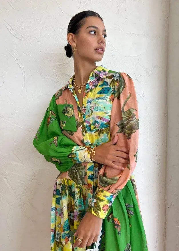 Polo Neck Printed Vintage Long Dress Princess Sleeves Lace-up Big Hem Loose Dress Vestidos Casual Fashion Women Elegant Robe