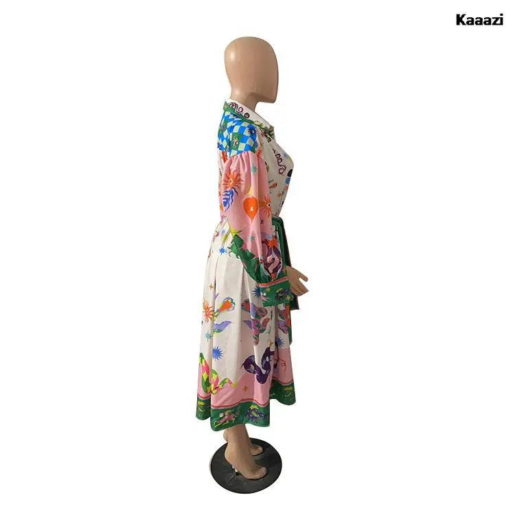 Polo Neck Printed Vintage Long Dress Princess Sleeves Lace-up Big Hem Loose Dress Vestidos Casual Fashion Women Elegant Robe