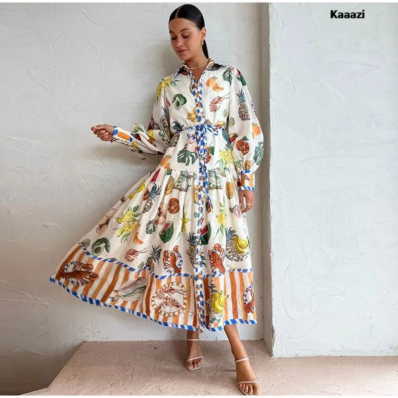 Print7 / XS Polo Neck Printed Vintage Long Dress Princess Sleeves Lace-up Big Hem Loose Dress Vestidos Casual Fashion Women Elegant Robe