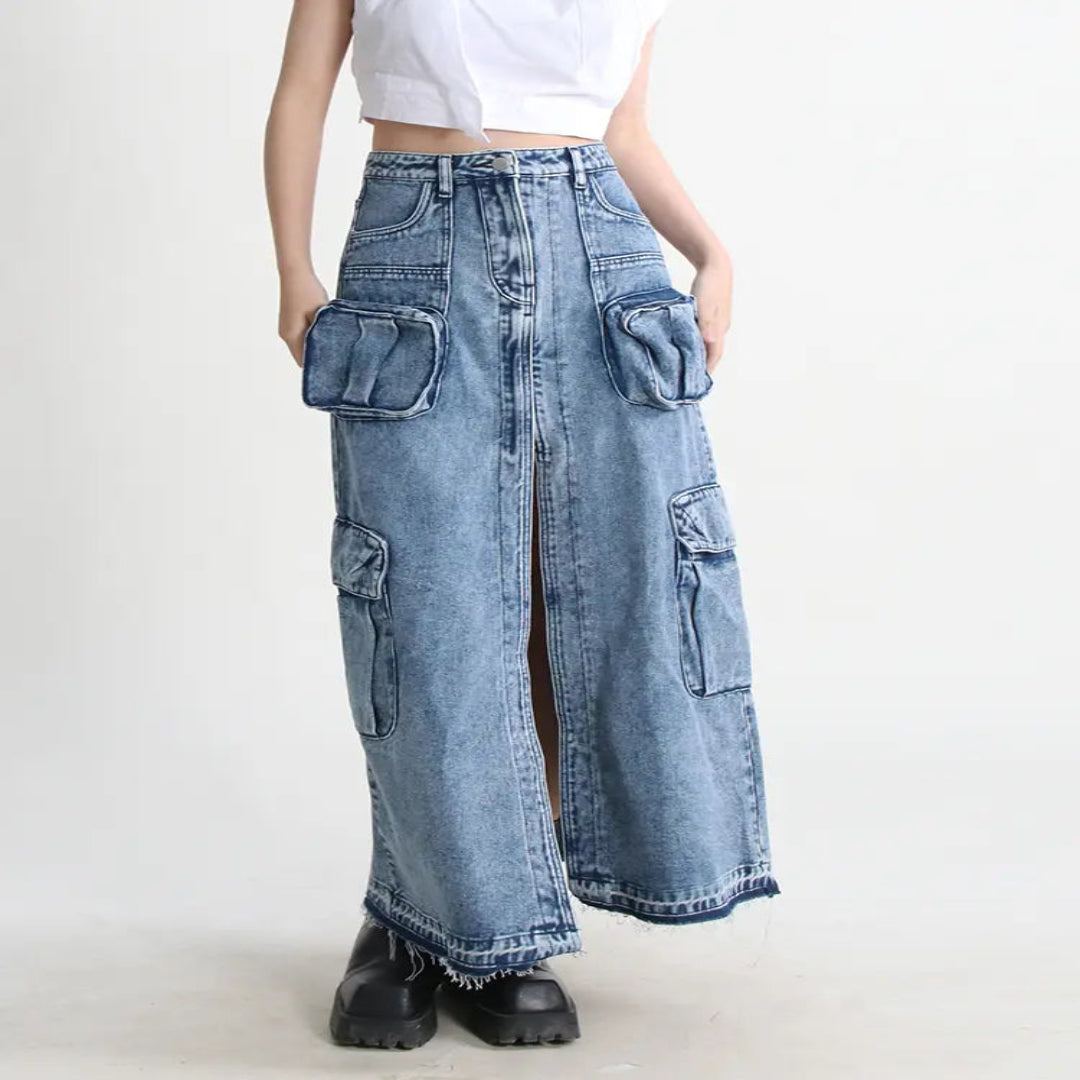 Split Denim Skirts For Women High Waist Patchwork Pocket Temperament Solid Skirt Female