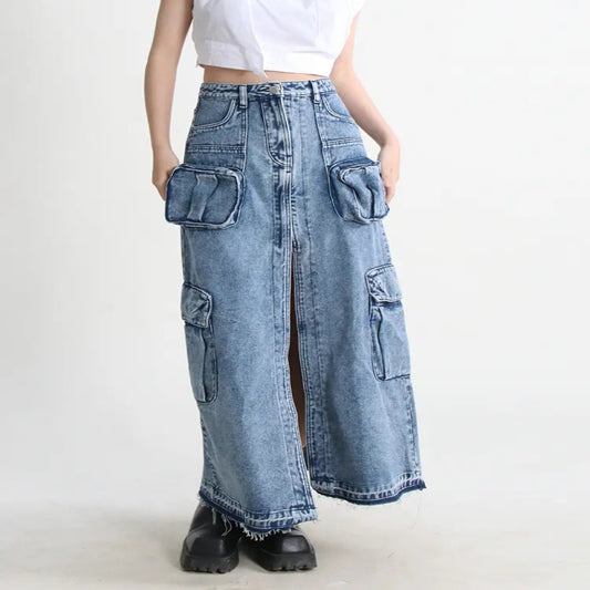Split Denim Skirts For Women High Waist Patchwork Pocket Temperament Solid Skirt Female