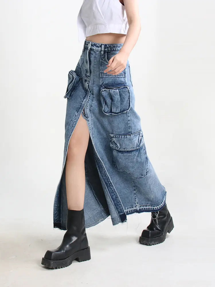 Split Denim Skirts For Women High Waist Patchwork Pocket Temperament Solid Skirt Female