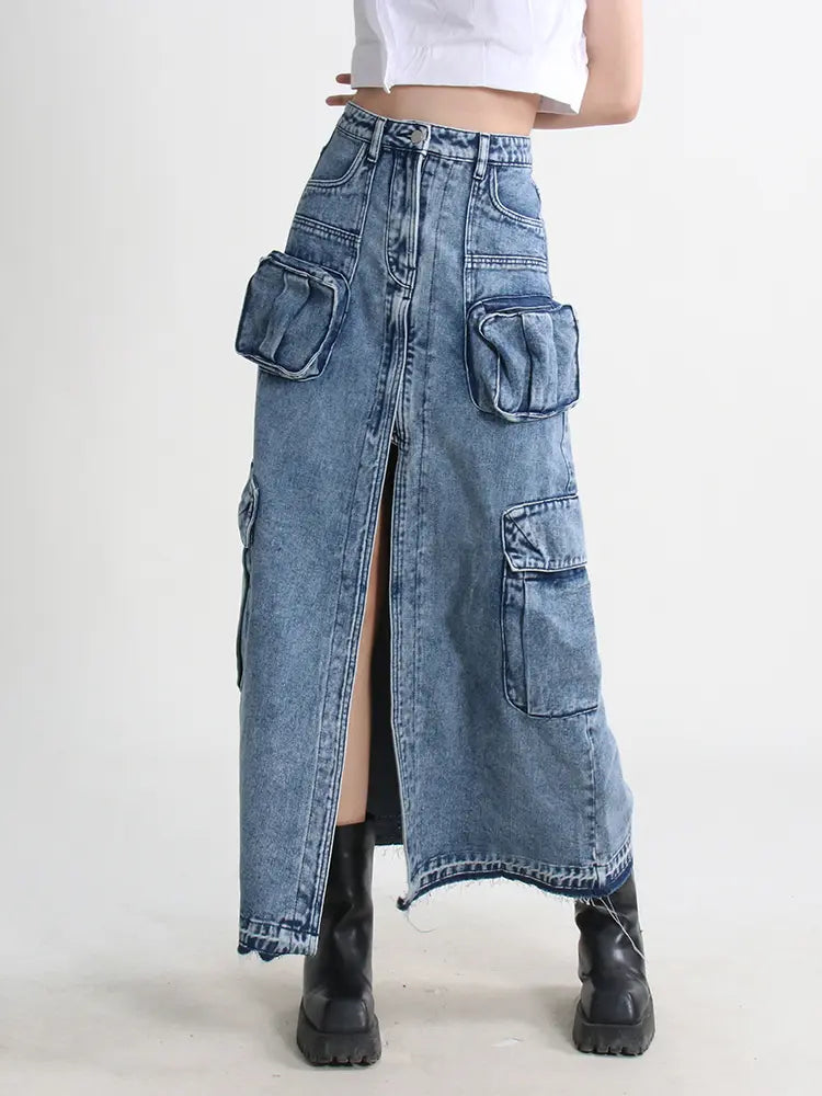 Split Denim Skirts For Women High Waist Patchwork Pocket Temperament Solid Skirt Female