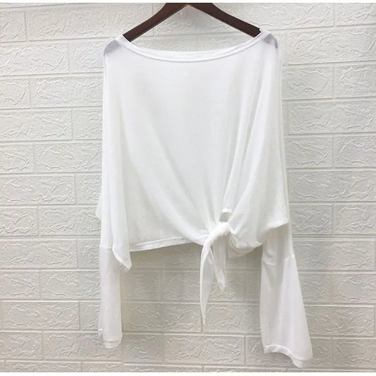 White / Knot Solid Sun Protection Clothing Summer Split Irregular Long Sleeve T-shirt Loose Casual Top