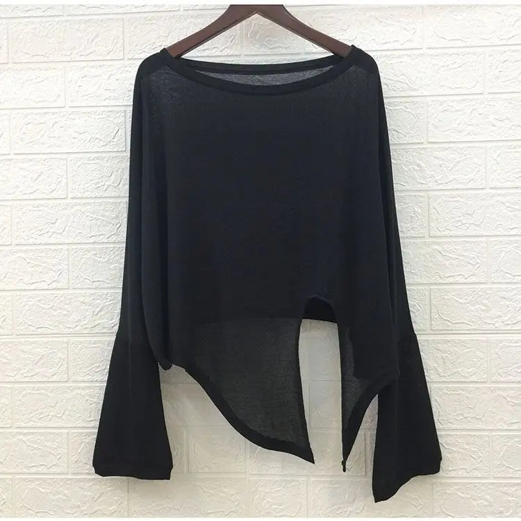 Solid Sun Protection Clothing Summer Split Irregular Long Sleeve T-shirt Loose Casual Top