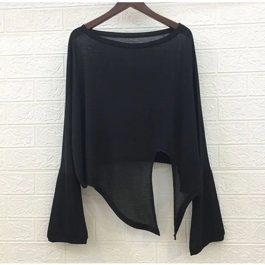 Solid Sun Protection Clothing Summer Split Irregular Long Sleeve T-shirt Loose Casual Top