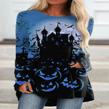 OHS Tshirt Lake Blue / XS 2022 New Autumn Women&#39;s Pumpkin Halloween Weekend Painting T Shirt Long Sleeve Winter Female Round Neck Tops Pullover Tee Shirt