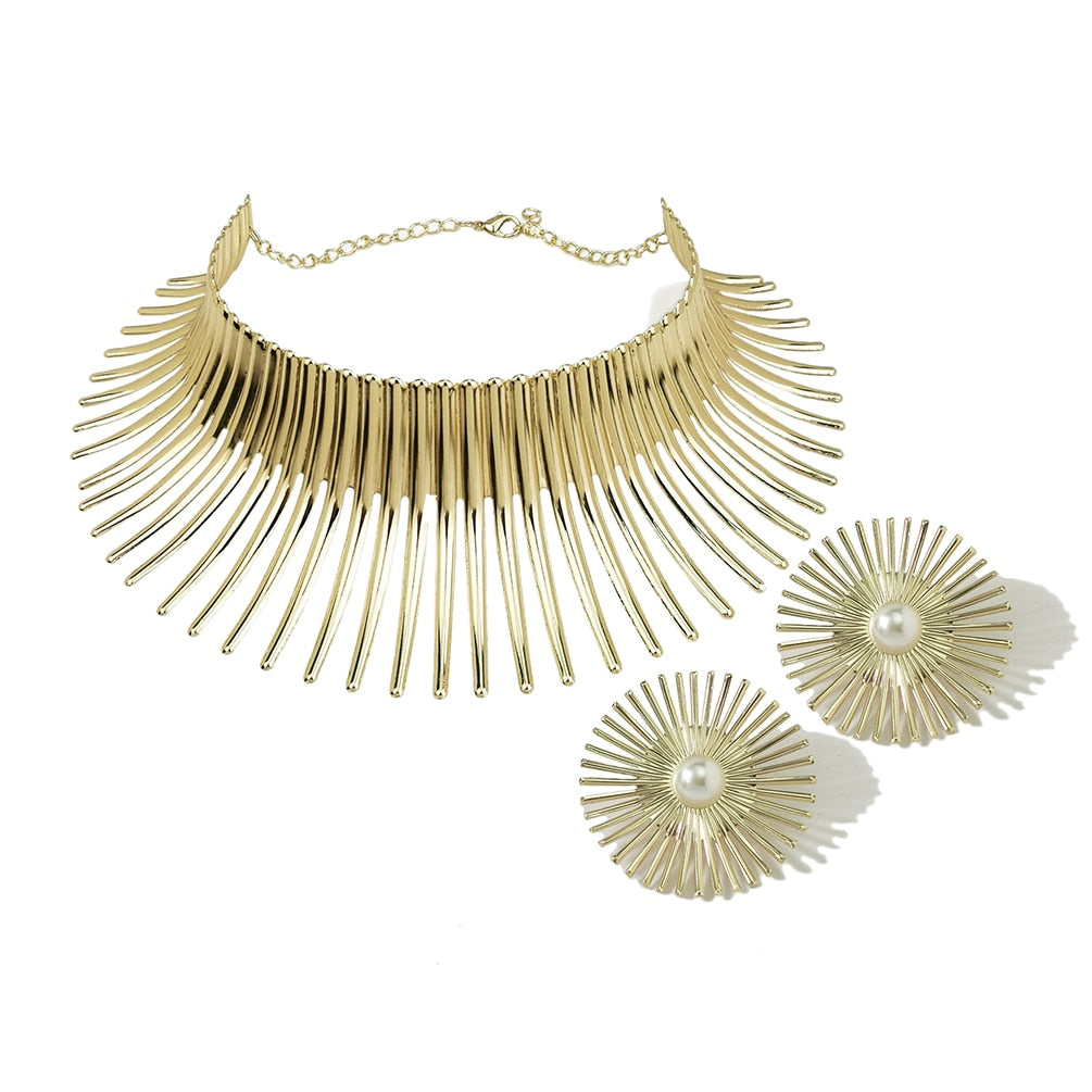 OHS jewelery 4620 1858Gold Pearl Africa Necklaces Jewellery Set Exaggerated Torque Choker Earrings Set