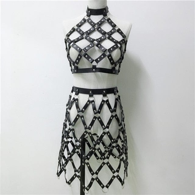 Sexy Club Wear Bondage Collar Strap Crop Top Mini Skirts Two Piece Set Gothic Faux Leather Hollow Out 2 Piece Outfit - OhSaucy