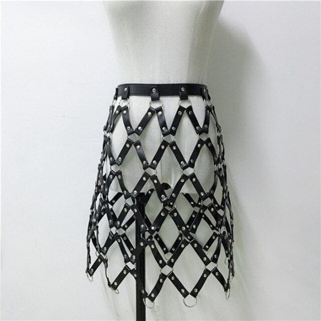 Sexy Club Wear Bondage Collar Strap Crop Top Mini Skirts Two Piece Set Gothic Faux Leather Hollow Out 2 Piece Outfit - OhSaucy