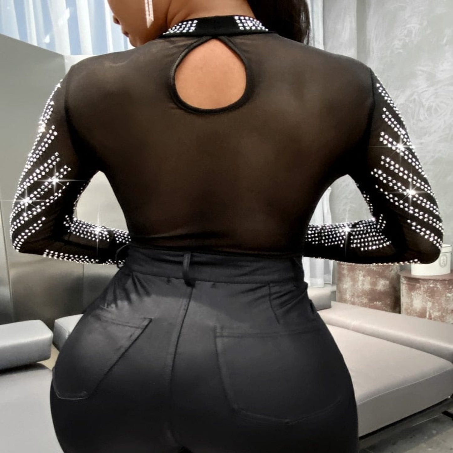 Oh Saucy Sexy Tops Lux | Glitter Clubwear | Rhinestone Bodycon Bodysuit | Long Sleeve See Through Jumpsuit