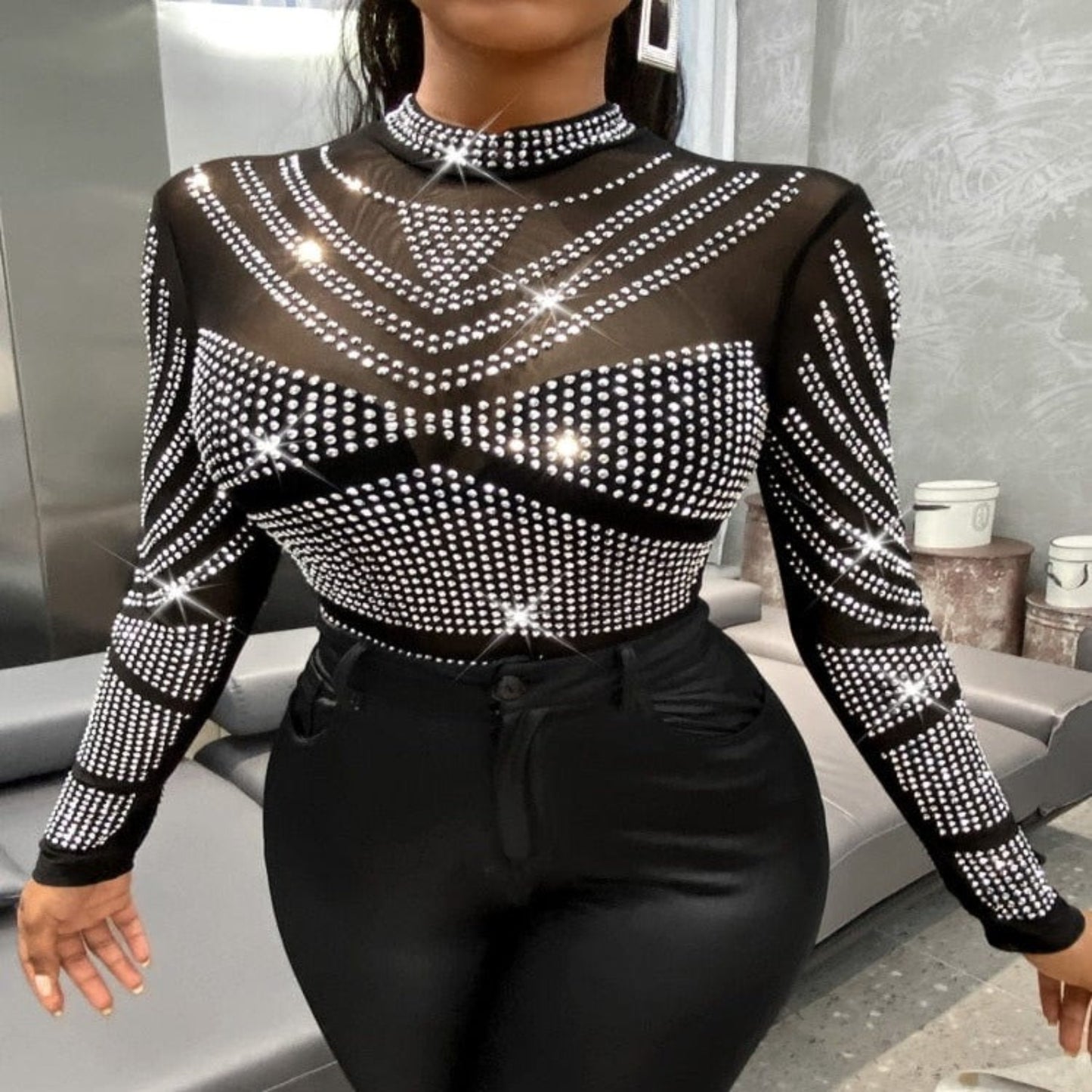 Oh Saucy Sexy Tops XL / black Lux | Glitter Clubwear | Rhinestone Bodycon Bodysuit | Long Sleeve See Through Jumpsuit