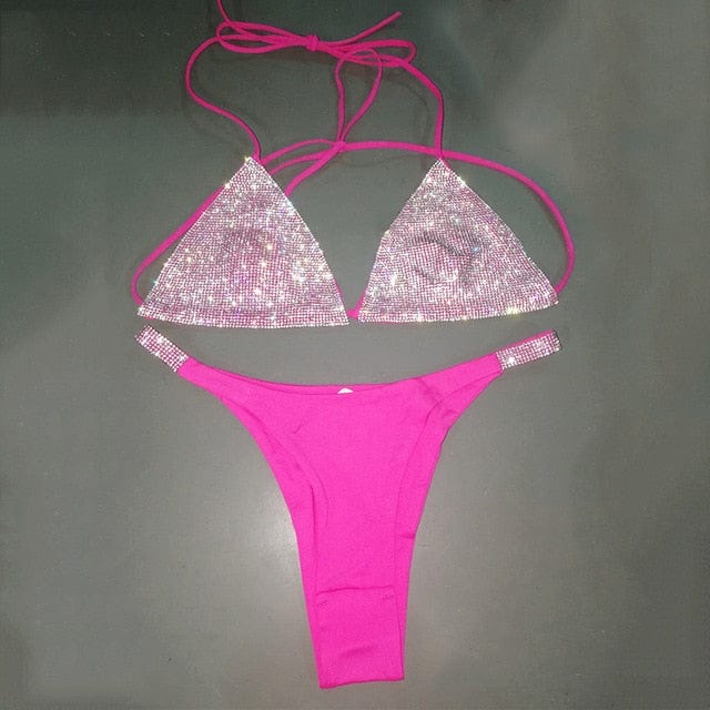 Luxury Bling Rhinestone Bikini Sliver Set 2020 Crystal Diamond Sexy Women Swimsuit Halter Push Up Bandage Swimwear Bikini Set - OhSaucy
