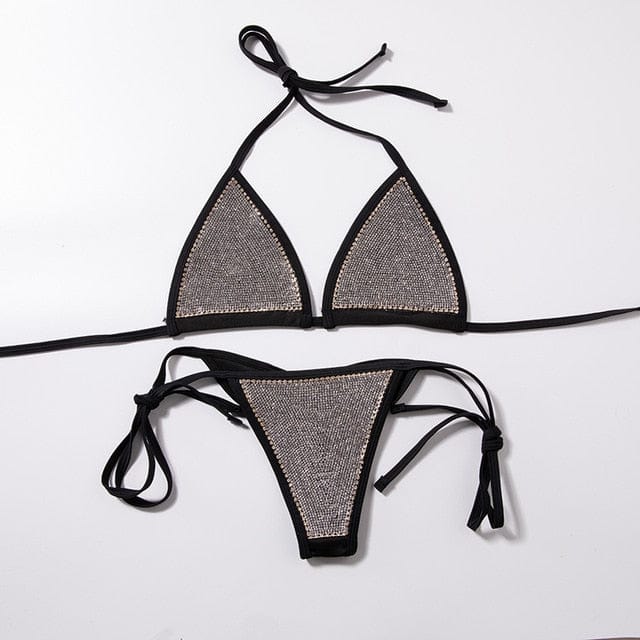 Luxury Bling Rhinestone Bikini Sliver Set 2020 Crystal Diamond Sexy Women Swimsuit Halter Push Up Bandage Swimwear Bikini Set - OhSaucy