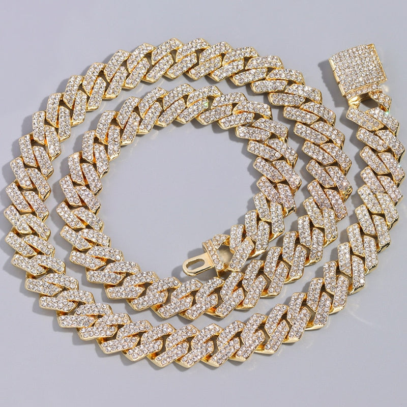 OHS jewelery Gold / 8 inch Bracelet NuFace Cuban Link Chain Necklace  and bracelets  Bling Iced Out 2 Row Rhinestone Paved